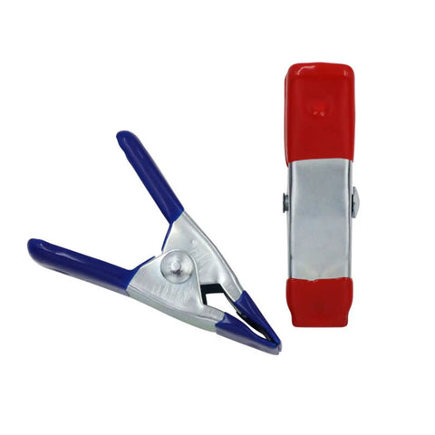 2 Inch Heavy Duty Spring Clamps For Woodworking And Photo Studio Backdrops, nickel plated metal clips with blue and red grips.
