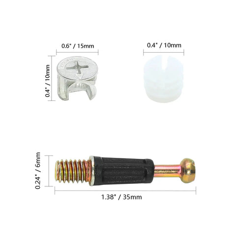 Twenty Four Piece 35 mm Cam Screw And Dowel Pin Kit With Zinc Connectors For Drawer And Dresser Refresh Kickstart Your Project With No Sweat Install Heavy Duty Gear, showing 35mm cam screw, nut, and connector.