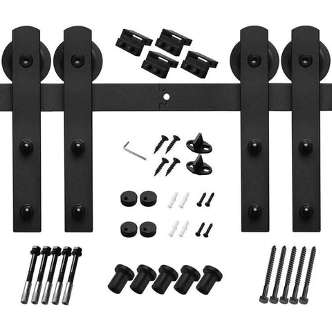 Heavy Duty 12 Foot Sliding Barn Door Hardware Kit For Double Doors With Ultra Quiet Smooth Operation And Easy Install Track System Featuring Basic I Pulley Carbon Steel Frosted Black Finish No Door Included components including rollers, tracks, and screws.