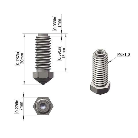 Diagram showing dimensions of Ruby Nozzle 0.6mm For Anycubic Kobra 3 S1 And S1 Combo Printers with ruby tip and threaded body.