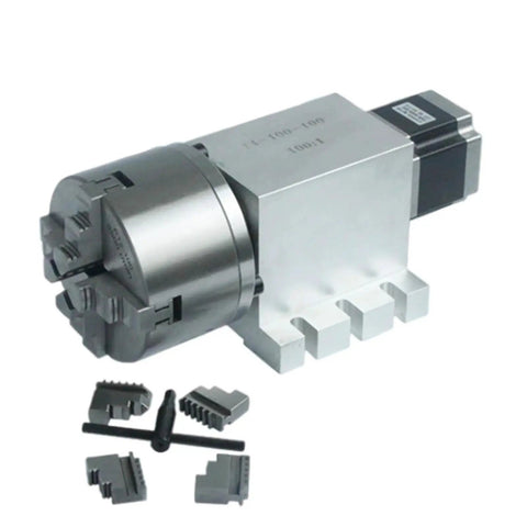 High Precision Harmonic Drive Reducer Dividing Head 4th Axis CNC Rotary Axis With 100mm Chuck And Three To Four Jaw Chuck 50 To 1 Speed Reduction Ideal For Woodworking Tools Milling And Engraving, 100mm 4-jaw chuck