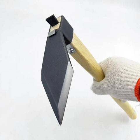 Carbon Steel Hand Hoe and Solid Mattock Digging Tool for Garden Work, Heavy Duty Agricultural Hoe held in gloved hand