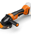 Heavy Duty Cordless Angle Grinder 115mm With Slick Brushless Motor And 18V Power For Smooth Sanding Deburring And Precision Jobsite Cutting angle grinder with orange housing, grip handle, and sanding disc.