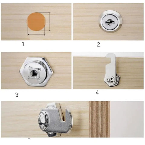 Installation steps for Top Shelf 2 Pack Keyed Alike Cam Locks One Eighth Inch Zinc Alloy Cabinet Hardware for toolboxes.