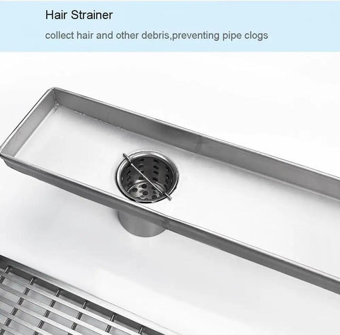24 Inch Offset Side Outlet Linear Shower Drain In Slick Brushed Stainless Steel Rectangle Design with Hair Strainer.