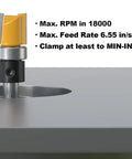 High Octane Half Inch Carbide Flush Trim Router Bit With Top Bearing Quarter Inch Shank Anti Kickback Design mounted on a router table.