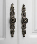 Antique Bronze Cabinet Pulls With Plate, 6.5 Inch Zinc Alloy Handles Set Of Six With Screws installed on white doors
