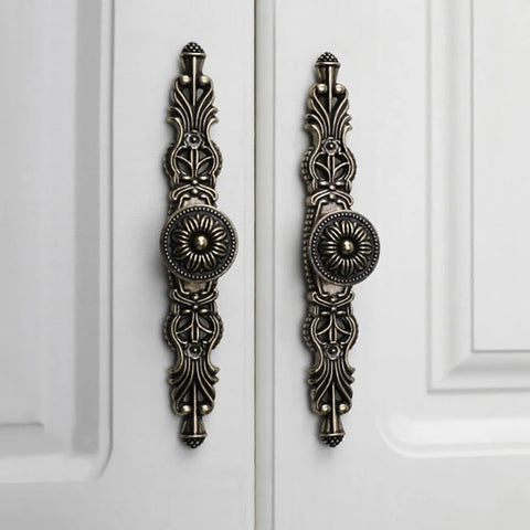 Antique Bronze Cabinet Pulls With Plate, 6.5 Inch Zinc Alloy Handles Set Of Six With Screws installed on white doors