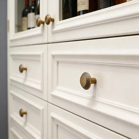 Retro Brass Cabinet Hardware Set With Greek Key Knobs And Hammered Texture, zinc alloy drawer pulls on white kitchen cabinets