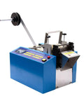 Fully Automatic Industrial Cutting Solution For Shrinkage Tube Wire Film Paper Foil Belt Heavy Duty Multi Material Trimmer With Calibration System showing blue automated cutter for tubes and films.