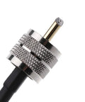 Close-up of RF Coaxial Cable Connector UHF PL259 Male To PL259 Male RG58 Pigtail Cable 50cm metal connector end.