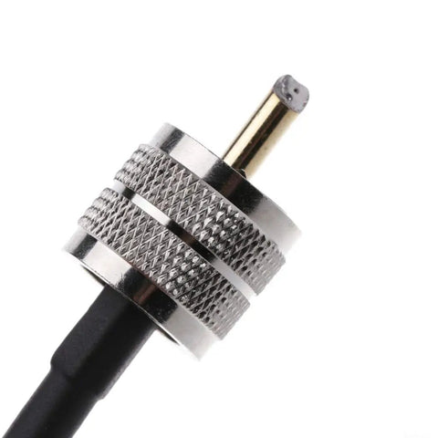 Close-up of RF Coaxial Cable Connector UHF PL259 Male To PL259 Male RG58 Pigtail Cable 50cm metal connector end.