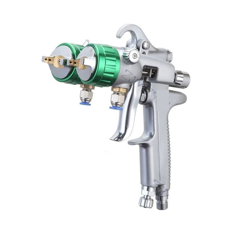 Dual Head Pneumatic Paint Spray Gun Packed With Heavy Duty Power And 1.3 Mm Nozzles Plus A One Liter Cup for precise painting.