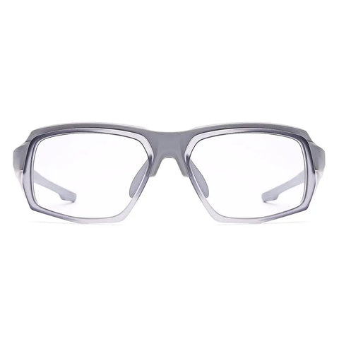 Smooth Transition Z87 Safety Glasses With Hella Clear Photochromic Lenses Anti Fog UV400 Blue Light Blocking For Driving And Work Top Shelf Eye Protection In Slick Gray front view with clear lenses.