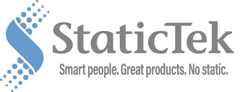 StaticTek logo with blue curved ribbon and dotted pattern beside gray text.
