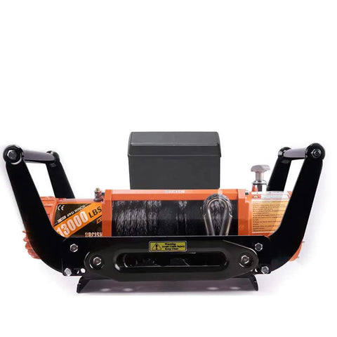 Front view of 5500 Lb Twelve Volt Electric Winch For ATV UTV Towing Kit With Synthetic Rope, wire hook visible, easy assembly