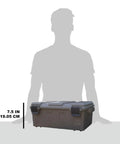 ACDC30 Divided Ammo Crate Utility Box with Snap Latch in front of silhouette showing 7.5 in height, Dark Earth color