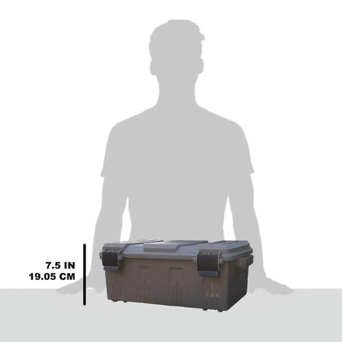 ACDC30 Divided Ammo Crate Utility Box with Snap Latch in front of silhouette showing 7.5 in height, Dark Earth color
