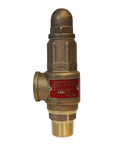 Brass 1-inch Merrill pressure relief valve with red label, for cold water systems; factory-set 75 PSI.