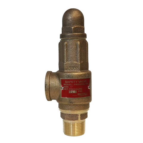 Brass 1-inch Merrill pressure relief valve with red label, for cold water systems; factory-set 75 PSI.
