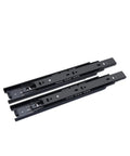 Heavy Duty Black Bottom Mount Drawer Slides Featuring Dead Smooth Gliding Action And Totally Rock Solid Concealed Bracket System For Modern Kitchen Cabinetry And Garage Storage, shown side by side.