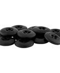 Rock Solid Military Spec Tactical Buttons For Army Fatigues And Law Enforcement Four Hole Melamine Fasteners Style 26 Black Twelve Pack on white background.