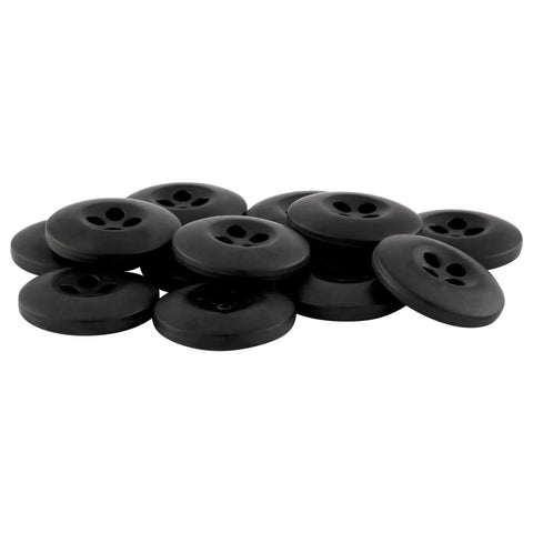 Rock Solid Military Spec Tactical Buttons For Army Fatigues And Law Enforcement Four Hole Melamine Fasteners Style 26 Black Twelve Pack on white background.