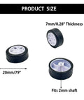 Ten Piece Small Toy Car Wheel Set With 20mm Rubber Tires And 5 Shaft Axles showing dimensions and shaft fitment details