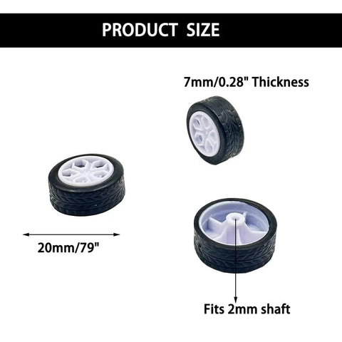 Ten Piece Small Toy Car Wheel Set With 20mm Rubber Tires And 5 Shaft Axles showing dimensions and shaft fitment details