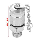 Front view of silver knurled hydraulic pressure test point adapter with G1/4 thread and safety chain.