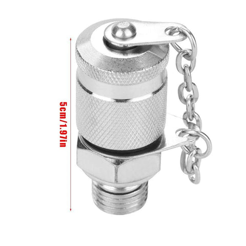 Front view of silver knurled hydraulic pressure test point adapter with G1/4 thread and safety chain.