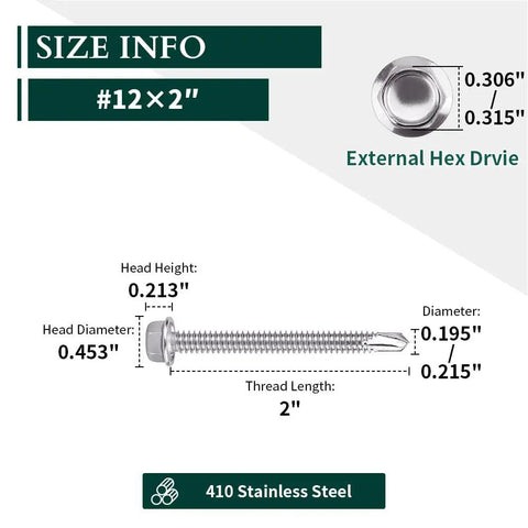 Size info for Heavy Duty Workhorse Size Twelve X Two Hex Washer Head Self Drilling Screws, 410 Stainless Steel Tek Fasteners.