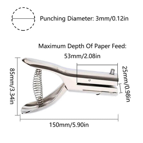 Heavy Duty Portable Single Hole Punch Tool With Deep 53mm Feed Slot Ideal For Paper, Card, Plastic, Wood, Metal, side view with measurements