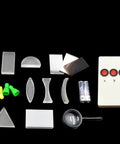 Top Shelf Optics Lens And Prism Set For School Physics Labs Featuring Concave Convex Lenses Plane Mirror Pinhole Rig And Light Pen. Various optical components on a black background.