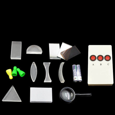 Top Shelf Optics Lens And Prism Set For School Physics Labs Featuring Concave Convex Lenses Plane Mirror Pinhole Rig And Light Pen. Various optical components on a black background.