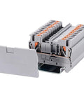 No Fuss Push In Din Rail Terminal Block Screwless 2.5mm PT Type With Cover End Stop Jumper 50 Pack, front connection, PA66 housing.