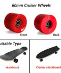 Front and back view of 60mm Cruiser Skateboard Wheels 80A with ABEC-9 Bearings and Spacers for Red Penny Board, shown with suitable skateboards.
