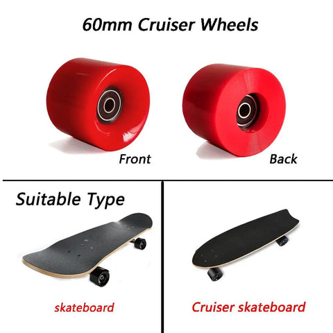 Front and back view of 60mm Cruiser Skateboard Wheels 80A with ABEC-9 Bearings and Spacers for Red Penny Board, shown with suitable skateboards.