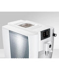 Close-up of the top section of No Sweat Automatic Coffee Maker With Smart Touchscreen And Adjustable Steaming Settings Piano White Finish.