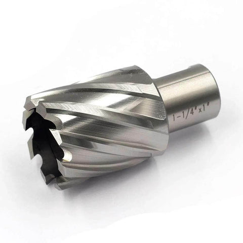 Close-up of JESTUOUS annular cutter with Weldon shank, 1-1/4 in cutting diameter, HSS, for magnetic drill press