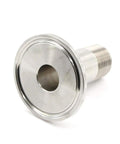 Beduan stainless steel 1.5 in tri-clamp to 1/2 in NPT male sanitary fitting, home brew connector (front view).