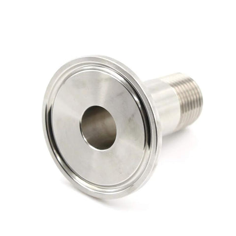 Beduan stainless steel 1.5 in tri-clamp to 1/2 in NPT male sanitary fitting, home brew connector (front view).