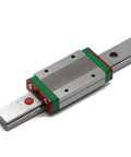 Close-up of 600mm MGN15 Linear Rail Guide with MGN15H Carriage Block for CNC machines and large 3D printers, showing beefy load handling.