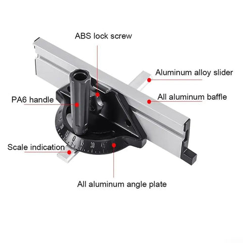 Adjustable Angle Plate Ruler For Table Saw Push Block Fence System, labeled parts, aluminum alloy construction, for woodworking precision