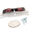 Heavy Duty Double Wheel Pulley With Slick Nylon Glide For Sliding Doors And Windows with screws and a coin for size comparison.