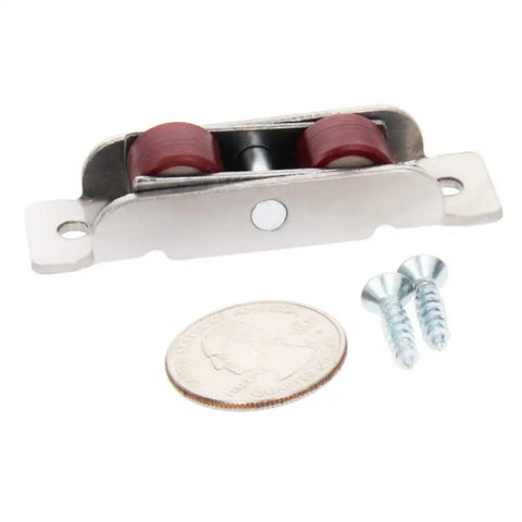 Heavy Duty Double Wheel Pulley With Slick Nylon Glide For Sliding Doors And Windows with screws and a coin for size comparison.