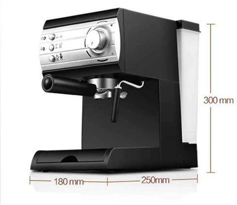 Side view of black All In One Coffee And Espresso Maker With Auto Brew Detect And High Pressure Extraction, built-in frother wand.