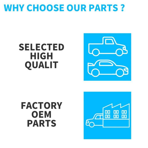 Graphic with text 'Why Choose Our Parts?' showing icons of a truck, car, and factory, with labels 'Selected High Quality' and 'Factory OEM Parts'.