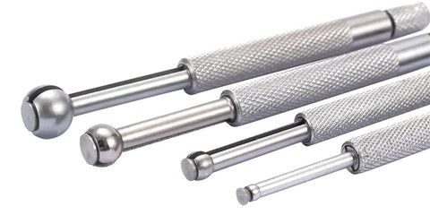 Accusize 4-piece ball-type hole gauge set with knurled metal handles, inch/mm sizes 1/8–1/2