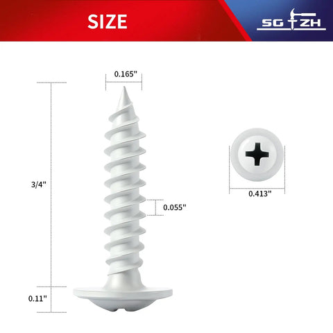 Rock Solid Size 8 By Three Quarter White Wood Screws 212 Piece Box Phillips Truss Head dimensions with size labels.